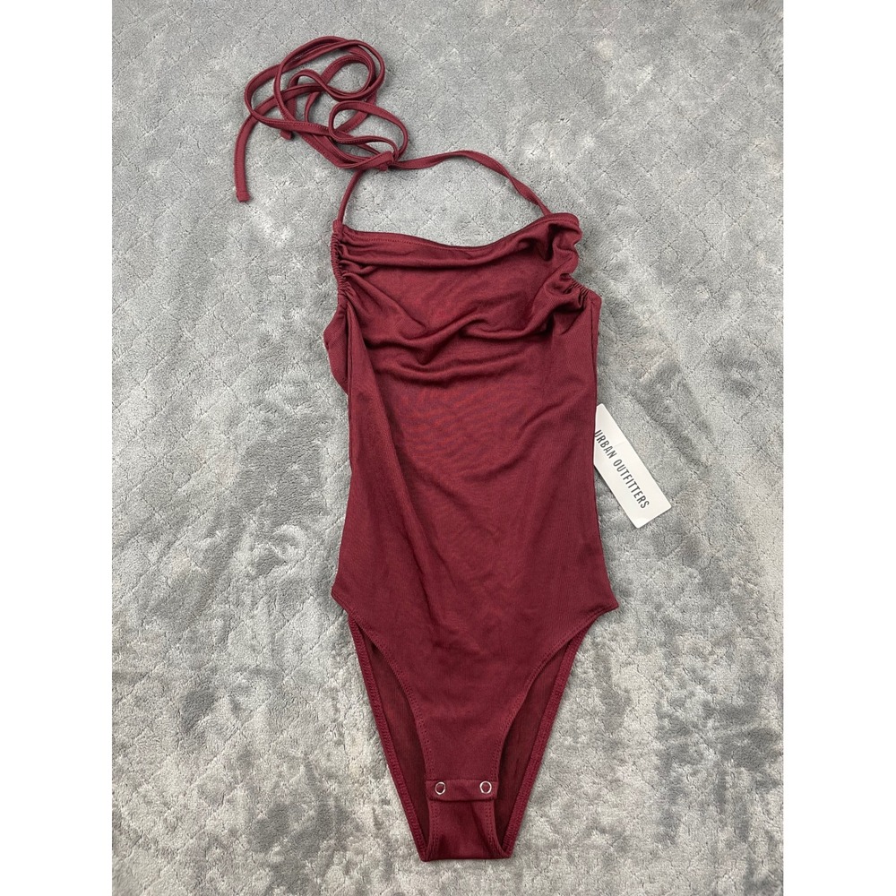 Urban Outfitters Wine Ribbed Halter Neck Ruched Bodysuit XS Snap Closure
